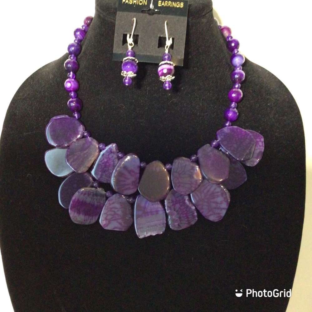 Purple Agate Statement Necklace and Earrings - NWT